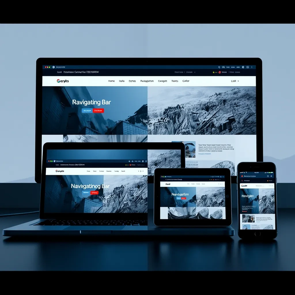 A split-screen image showing a website on a desktop, laptop, tablet, and mobile phone. Each screen showcases a website with the same navigation bar and layout, but adjusted for the screen size. The navigation bar contains clear, labeled buttons.